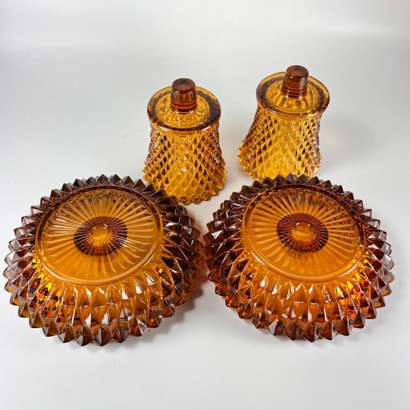 Vtg Indiana Art Glass Amber Diamond Point Peg Votive Candle Holders Retro MCM - Picture 6 of 12